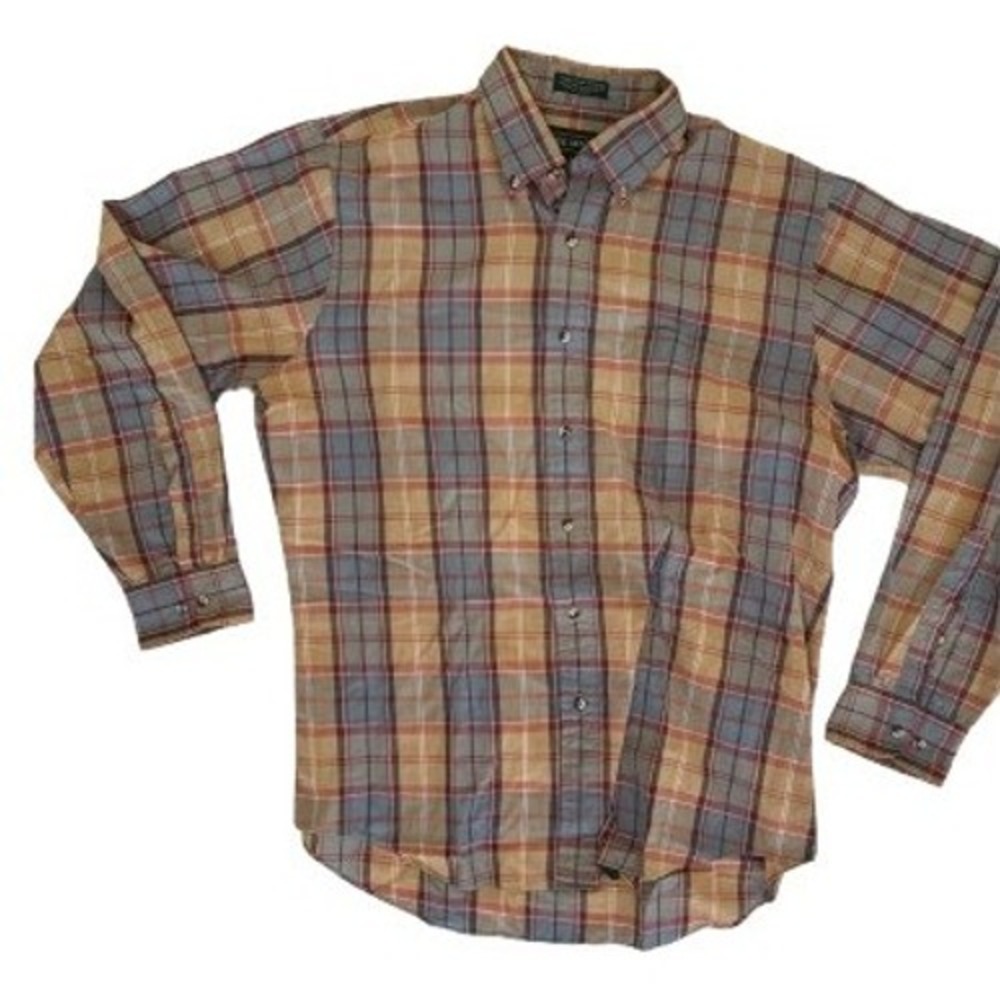 Vintage Neil Martin Mens Button Down Shirt Large Tan Plaid Long Sleeve Casual